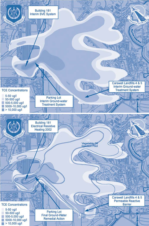 Figure 1. Mapping of TCE distributions in ground water before and after SVE-ERH treatment illustrate significant progress toward cleanup closure at Air Force Plant 4.