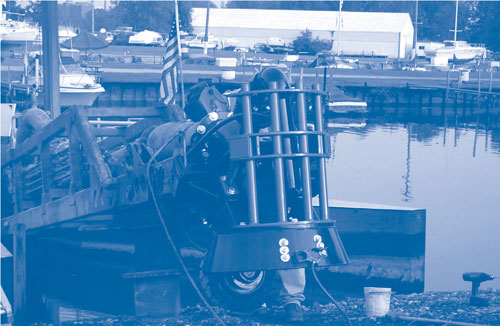 Figure 2. The 8-inch hydraulic dredge with attached Vic-Vac&trade; prepares to launch in target portions of the Ashtabula River AOC.