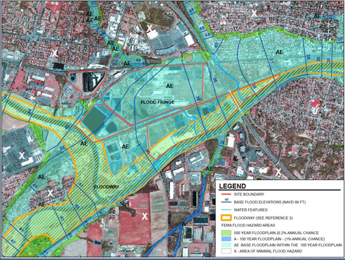Flood hazard map illustrating the American Cyanamid site's location within both the 100-year and 500-year floodplains, with southeastern portions of the site lying within the Raritan River floodway.