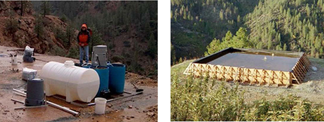 Bench-scale testing (left) and pilot-scale application of a BCR treating ARD at a rate of approximately 1 gpm (right) at the Golinsky Mine